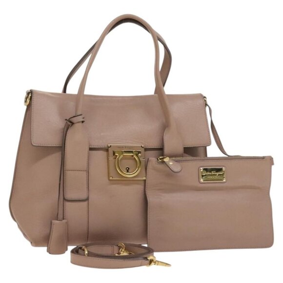 Salvatore Ferragamo Gancini Hand Bag Leather 2way Pink Gold Auth 132114 - Picture 1 of 16